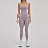 Hyacinth Purple Women's Brushed Backless Yoga Activewear Set Cross Back