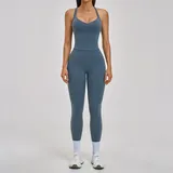 Cyan Sparrow Blue Women's Brushed Backless Yoga Activewear Set Cross Back