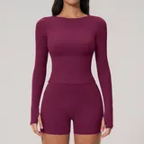 Dark Purple Red Women's Running Training Yoga Activewear Set Long Sleeve