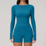 Peacock Blue Women's Running Training Yoga Activewear Set Long Sleeve