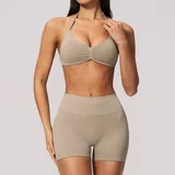 AS4535-1 · Light Khaki Light Khaki Seamless Yoga Activewear Set Halter Neck Backless Women's