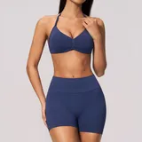 Hazy Dai Blue Seamless Yoga Activewear Set Halter Neck Backless Women's