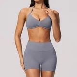 Smoky Blue Seamless Yoga Activewear Set Halter Neck Backless Women's