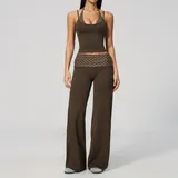Brown White Dot Women's Brushed Layered Yoga Activewear Set Butt Lifting