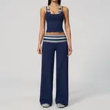 Dark Blue Stripe Women's Brushed Layered Yoga Activewear Set Butt Lifting