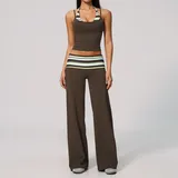 Brown Stripe Women's Brushed Layered Yoga Activewear Set Butt Lifting
