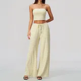 Mustard White Women's Striped Wide Leg Yoga Pants Wide Leg