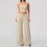 Khaki White Women's Striped Wide Leg Yoga Pants Wide Leg