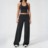 Jet Black Women's Fitted Yoga Activewear Set Halter Neck Backless