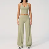 Moss Green Women's Fitted Yoga Activewear Set Halter Neck Backless