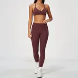 Wine Red Women's Brushed Premium Yoga Set Halter Neck Breathable