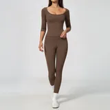 Deep Cocoa Women's Brushed Yoga Activewear Set Halter Neck Fitted
