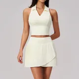 Cream White Tennis Pilates Women's Yoga Set Anti-Chafing Pocket