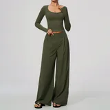 Olive Green Women's Breathable Running Yoga Set V Neck Fitted