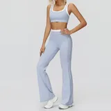 Mist Blue Women's Ribbed Bra & Flared Pants Yoga Activewear Set