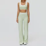 Light Fruit Green Women's Ribbed Bra & Flared Pants Yoga Activewear Set