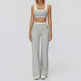 Clay Grey Women's Ribbed Bra & Flared Pants Yoga Activewear Set