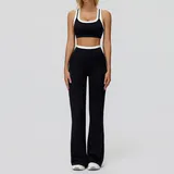 Jet Black Women's Ribbed Bra & Flared Pants Yoga Activewear Set