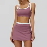 Violet Purple Women's Ribbed Bra & Skirt Yoga Activewear Set