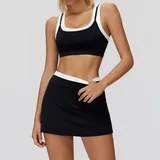 Jet Black Women's Ribbed Bra & Skirt Yoga Activewear Set
