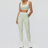 Light Fruit Green Women's Ribbed Bra & Leggings Yoga Activewear Set