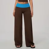 Tan Brown Blue Clash Brushed Women's Flared Yoga Workout Pants High Waist