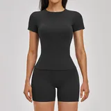 BS2546-2 · Jet Black Jet Black Women's Brushed Fitness Yoga Activewear Set Short Sleeve