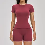 BS2546-4 · Retro Red Retro Red Women's Brushed Fitness Yoga Activewear Set Short Sleeve