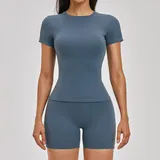 Cyan Sparrow Blue Women's Brushed Fitness Yoga Activewear Set Short Sleeve