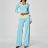 Sky Blue & Yellow Women's High Waist Yoga Set Long Sleeve Brushed