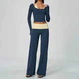 Teal Blue & Yellow Women's High Waist Yoga Set Long Sleeve Brushed