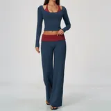 Teal Blue & Red Women's High Waist Yoga Set Long Sleeve Brushed