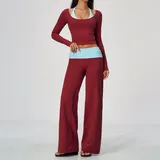 Pomegranate Red & Blue Women's High Waist Yoga Set Long Sleeve Brushed
