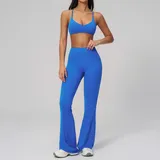 Cloisonne Blue Women's Backless Fitted Fitness Yoga Activewear Set Flared