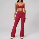 Cherry Red Women's Backless Fitted Fitness Yoga Activewear Set Flared