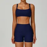 Navy Blue Women's Ribbed Running Yoga Set 3 Piece Slimming