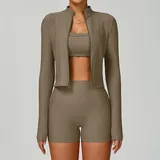 Coffee Women's Ribbed Running Yoga Set 3 Piece Slimming