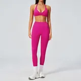 Hot Rose Pink Women's Breathable Backless Yoga Set Quick Dry Slimming