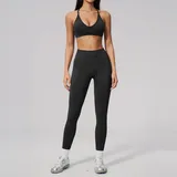 Jet Black Women's Fitness Seamless Running Yoga Activewear Set Backless