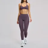 Eggplant Purple Women's Cutout Running Yoga Set Halter Neck Backless