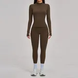 Espresso Black Women's Brushed Fitness Yoga Activewear Set Zip Up
