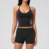 Jet Black Women's Yoga Set Halter Neck Slimming V Neck