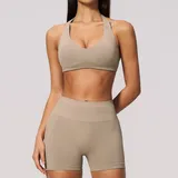 BS4535-1 · Light Khaki Light Khaki Women's Backless Pilates Training Yoga Activewear Set Seamless