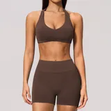 Red Brown Women's Backless Pilates Training Yoga Activewear Set Seamless