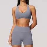 Smoky Blue Women's Backless Pilates Training Yoga Activewear Set Seamless
