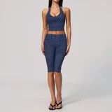 Dark Blue White Dot Women's Printed Fitness Yoga Activewear Set Deep V