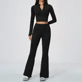 Jet Black Women's Flared Fitness Yoga Activewear Set Quick Dry