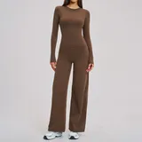 Chocolate Brown Women's Brushed Running Yoga Set Wide Leg Relaxed