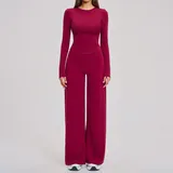 Raspberry Red Women's Brushed Running Yoga Set Wide Leg Relaxed