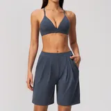 Navy Blue Women's Peach Butt Yoga Set V Neck Backless